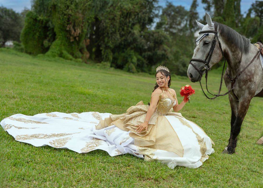 Quinceañera sentada sobre el pasto con su vestido de cola larga junto a un caballo gris