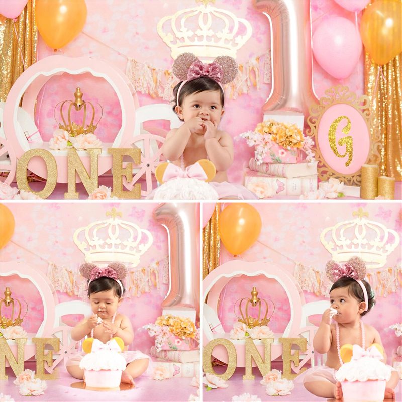 Collage de una bebé con orejas brillantes y pastel blanco sobre fondo de flecos