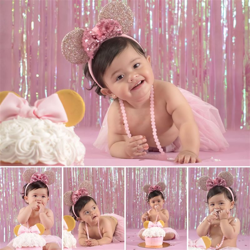 Collage de una bebé en una escena rosa y dorada con la palabra ONE y una carroza